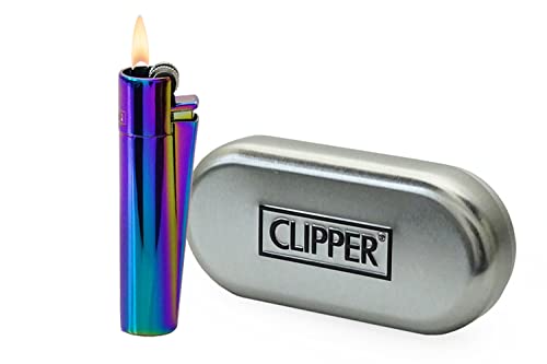 Solid Metal Flint Ignition Clipper Lighter "NEW MIX COLOUR BLUE GREEN PURPLE " - Brushed Chrome Finish - Comes in Embossed Presentation Tin - by VELSON