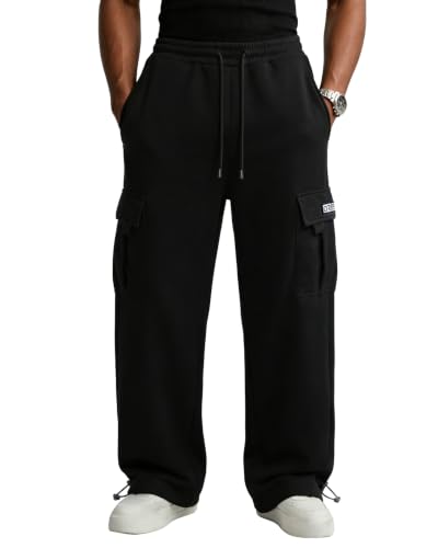 PIDO YOGA Mens Cargo Sweatpants Cotton Fleece Loose Fit Casual Jogging Hiking Pants Open Bottom Sweatpants for Men Athletic Workout with Pockets Black