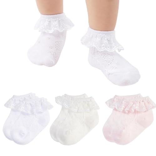 Image of Santgoo Baby girls Socks Ruffle Eyelet Lace Socks Infant Frilly White Dress Socks For Newborn