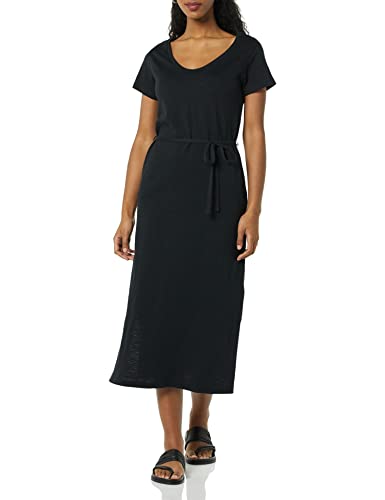 Amazon Essentials Vestido Midi Estilo Camiseta con cinturón y de Manga Corta Mujer, Negro, S