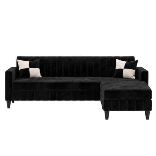 Image of FURNY Gracina 4 Seater L Shape Sofa Set with Movable Ottoman | Flexible Left or Right Layout | Plush Velvet Fabric (Black) | Perfect for Living Room, Guest Room & Office