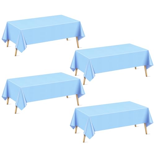 Just Shimmer 4 Pieces Light Blue Rectangle Tablecloth, 54x72 Solid Color Waterproof & Spillproof Disposable Plastic Table Cover, Durable Party Tablecloth for Dining, Buffet, Picnic, Outdoor Events