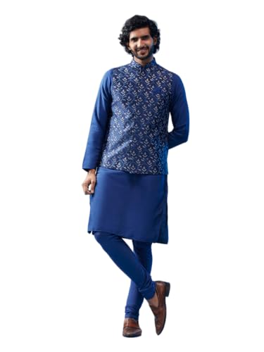 Image of KISAH Men's Kurta Jacket Churidar Set, Sea Green Art Silk, Embroidered Long Sleeves Regular Fit Mandarin Collar