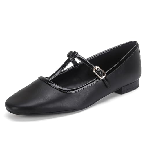 Womens Leather T-Strap Round Toe Flat Mary Janes Vintage Shallow Mouth Cut-Out Ankle Buckle Strap Low Chunky Mary Jane Pumps for Party Prom Daily Casual Work Office