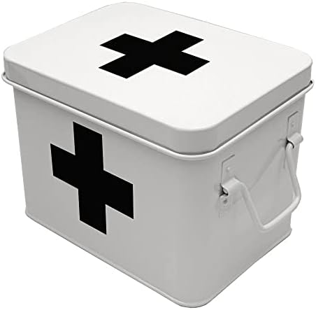 Lassos Boutique Retro Enameled First Aid Box for Medicine Storage and Home Decor with Lid and Removable Tray, White