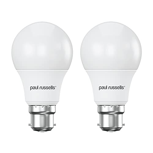 paul russells LED GLS Light Bayonet Cap BC, 60w Equivalent, 8watt 806LM LED Bulbs, 6500K Daylight Lamp, Classic Frosted A60 Standard B22 Energy Saving Non-Dimmable Large Globe Lightbulbs, 2 Pack