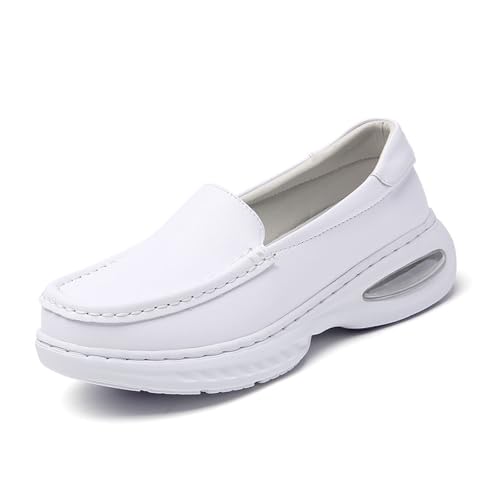 CLSQLXYJZC Women's Slip on Mesh Breathable Comfortable Leather Working Nurse Shoes, Fashion Air Cushion Orthopedic Platform Moccasin, for Medical Workers, Doctors, Healthcare Providers