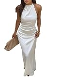 SweatyRocks Damen Elegantes Kleid Satin Maxikleid Neckholder Sommerkleid mit Geschnürt Rückenfrei Cocktailkleid Festive Outfits Weiß L