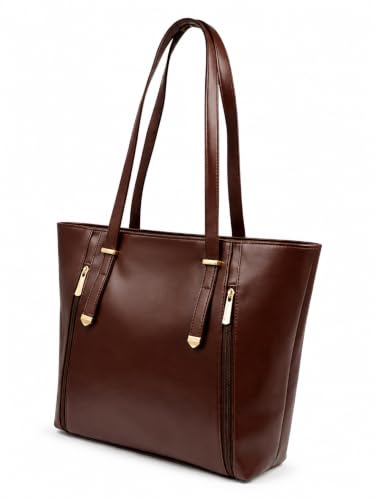 Image of Handbag for Women, Brown Faux Leather Tote Bag with Side Zips, Multi-Compartment Shoulder Bag