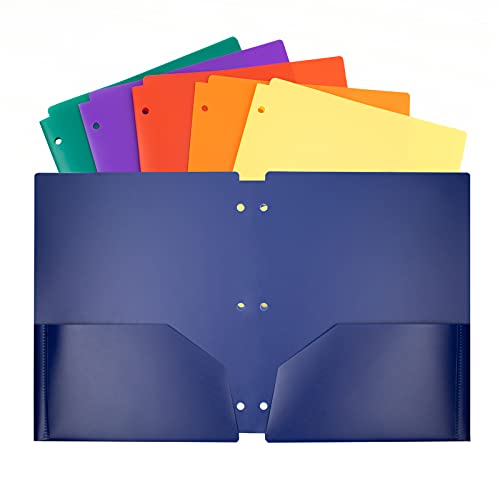 SUNEE 3 Hole Pocket Folders (Assorted Color, 6 Packs) Plastic Pocket Folders for 3 Ring Binder, 3-Hole Punched Folders with Pockets, for Kids, Students, Teachers, Office Staff