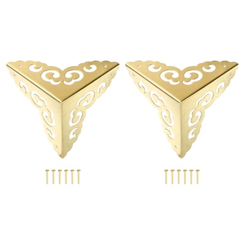 Image of uxcell 2 Pcs Brass Edge Guard, 65mm Decorative Box Corner Cover, Corner Protector, Vintage Stair Dust Corners with Screws, Gold