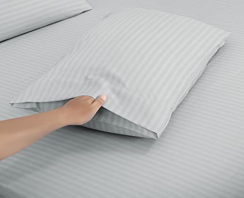 Image of ROYALE LINENS 3 Piece Twin Sheets Set - Soft Brushed 1800 Microfiber Bedding - 1 Fitted, 1 Flat Sheet, 1 Pillow case - Wrinkle Free & Fade Resistant - Hotel Luxury Bed Sheets (Stripe Silver, Twin)