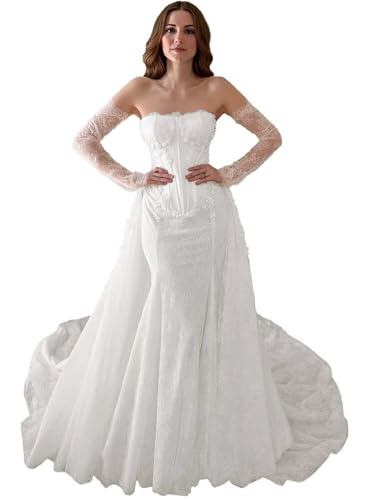 Mermaid Wedding Dresses for Bride 2025 Rhinestones Laces Applique Bridal Dress with Detachable Train