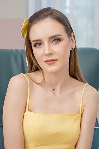 Sterling Silver Created Blue Sapphire Round Solitaire Choker Necklace & Stud Earrings Jewelry Set #TOP3