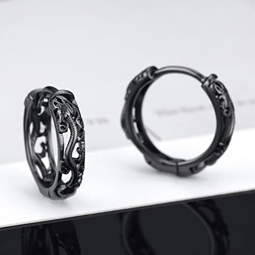 Generic 1 Pair Vintage Filigree Dragon Hoop Earrings Gothic Punk Dragon Animals Hollow Hoop Cuff Earrings Huggie Hoop Earrings For Mens Womens Small Round Dangle Loop Dragon Earring, Black, 1.6X0.4Cm #TOP3