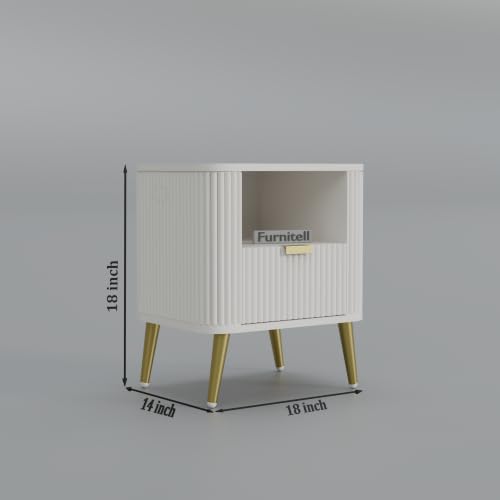 Image of Premium HDMR Wood Bedside Table with 1 Drawer & Open Storage Shelf, Fluted Nightstand with Golden Legs for Bedroom, Modern End Table, for Living Room, White Finish (18 x 14 x 18 Inch)