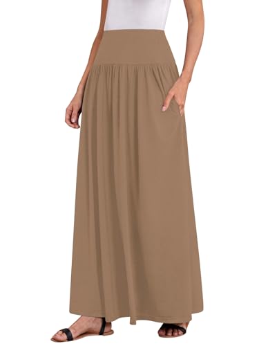 Sweet Hearts Maxi Skirts for Women with Pockets- Elastic Waist Casual Flare A-Line Long Skirts XS-XL Made in USA (Khaki, M)