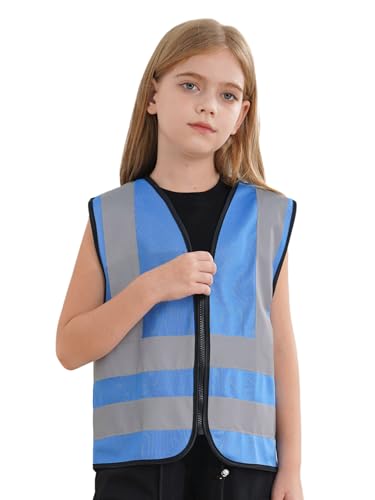 Yhong Gilet de Sécurité réfléchissant pour Garçons Filles Zipper Front Gilet Haute Visibilité Veste d'extérieur sans manches Un bleu 3-4 ans