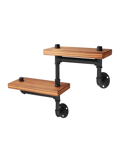 Image of eSynic 2-Tier Industrial Pipe Wall Mount Shelves,Rustic Wooden Shelves with Black Brackets for Book,Vintage Dark Wooden Wall for Kitchen Bedroom Living Room