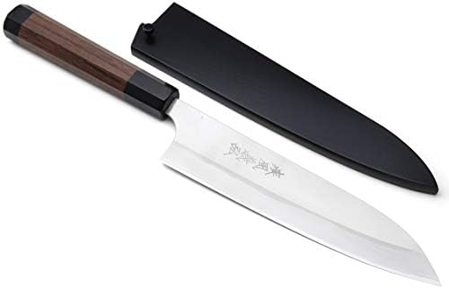 Yoshihiro Blue Steel Gyuto Chefs Knife with Stainless Steel Cladding Rosewood Handle with Lacquered Nuri Saya Cover (7" (180mm))