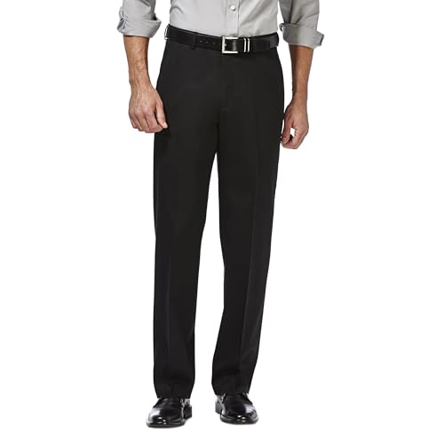 Haggar mens Premium No Iron Khaki Classic Fit Expandable Waist Flat Front dress pants, Black, 36W x 32L US