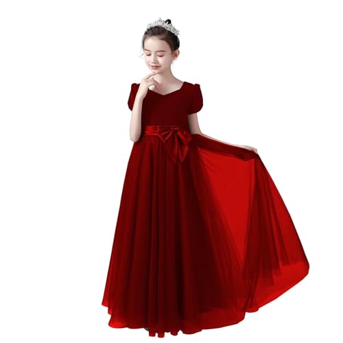 dideyttawl Velvet Christmas Dress for Girls 4-16 Puff Sleeves Tulle Baby Girl Long Dresses Satin Bow Tie Belt Maxi Dress