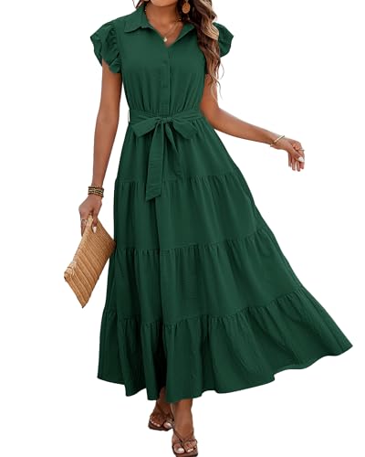 Image of dowerme Women's Summer Casual Dresses 2026 Cap Ruffle Sleeve V Neck Button Belted Tiered Boho Maxi Dress with Pockets