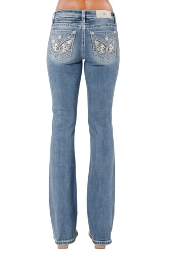 Miss Me Women's Silver Butterfly Embellished Faux Flap Pockets Mid-Rise Bootcut Jeans