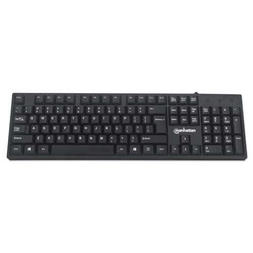 Manhattan Wired Computer Keyboard – Basic Black Keyboard - with 4.5ft USB-A Cable, 104-keys, Foldable Stands - Compatible for Windows, PC, Laptop - 3 Yr Mfg Warranty – 179324