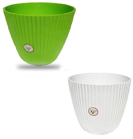 VINSHRA 11 Inch White & Green Flower Pot with drainge Whole Mark at Lower Side Set of 2 Indoor & Outdoor Pots for Plants Round Plantrs for Terrace Home and Balcony Decor (B0866XQ3WW) Amazon Price History, Amazon Price Tracker