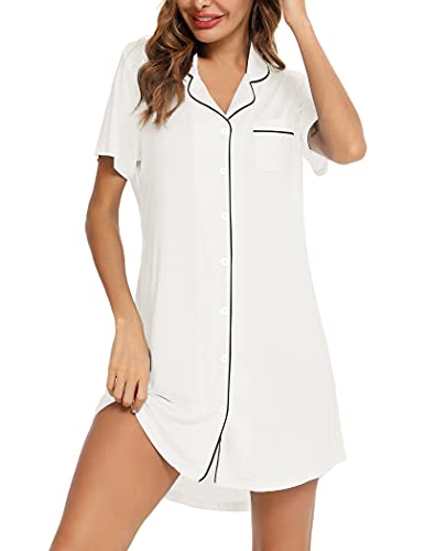 Image of Samring Pajama Nightgown for Women Short Sleeve Button Down Boyfriend Night Gown Nightdress Sleep Shirts