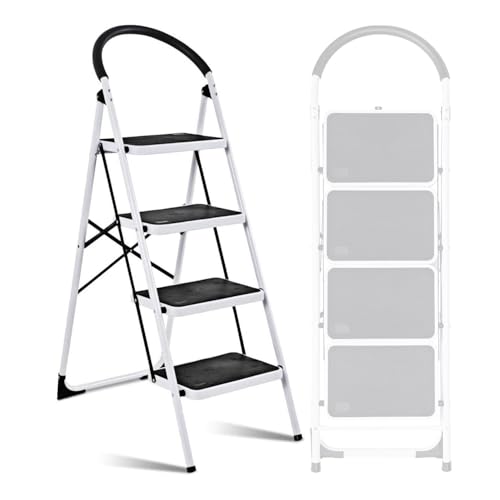 Escabeau à 4 marches BM TOOLS BMT-ESC4-ACIER, Haut. de Travail : 95 cm, se Range Facilement, Marches et Poignées Anti-dérapantes