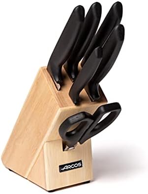 Arcos Juego de Cuchillos de Cocina. 6 piezas con bloque. 5 Cuchillos chef y 1 tijeras Acero Inoxidable. Mango ergonómico polipropileno para cortar carne, pescado y verduras. Serie Niza. Color negro.