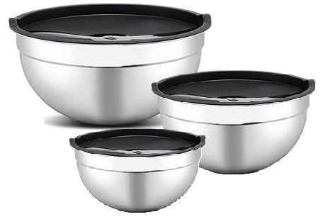 Nobel Mixing Bowl Set of 3, Stainless Steel Nesting Bowls Heavy Duty & Dishwasher Safe, Space-Saving Storage Metal Bowl, Air Tight Black lids (18,22 & 26 cm Diameter)