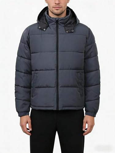 Image of Men's Hooded Puffer Jacket Down Alternative Lightweight Warm Coat Stand Collar Winter Insulated Quilted Coat