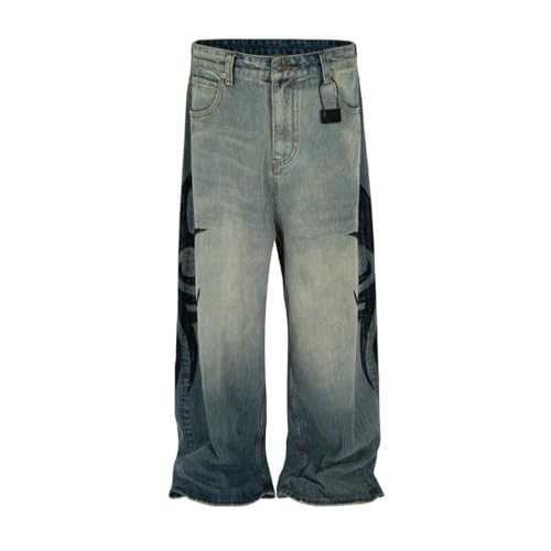 Men’s Retro Leopard Print Jeans, Washed Distressed Denim, Wide Leg, Curved Blade Pants2