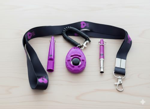 Dshees Hundetrainingsset ist die perfekte Kombination aus zwei Hundepfeifen zum Abrufen mit einem Pfeifenband und einem Hundeklicker. Hundepfeife gegen Bellen und Clicker für Hundetraining