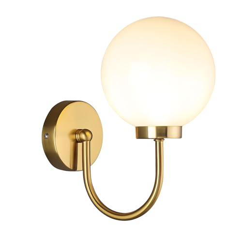 Image of Mid Century Wall Mounted Light Fixture 1 Light Vintage Gold Sconces Wall Lighting White Glass Globe Antique Brass Wall Lamp for Living Room Bedside Stairs Bathroom Mirror MCL12GD-1 (1pack)