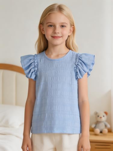 Image of Girls 4 Packs Tees Ruffle Short Sleeve T-Shirt Ribbed Knit Casual Summer Tunic Tops 4-12 Years