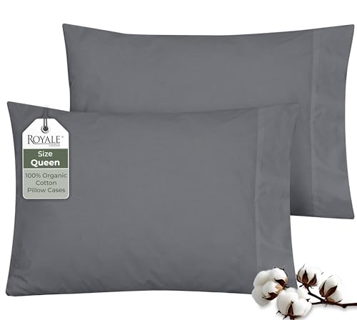 Image of ROYALE LINENS 100% Organic Cotton Percale Pillowcases Set of 2 - Queen Size Percale Pillowcase - Queen Set of 2 Pillow Cover - Breathable, Cool & Crisp Grey Pillow Cases (20 inchx30 inch, Grey)