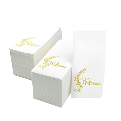 LEKOCH 50 pcs Papel Desechable Servilletas Blancas y oro de Preminum Servilletas Papel Efecto Tela Blanco y Ddorado Rectangulares para Bodas, Navidad, 43 x 30 cm