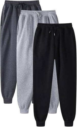 Mens 3 Pack Fleece Sports Workout Jogging Pants Zipper Pockets and Drawstring Fleece-Lined Jogger Sweatpants