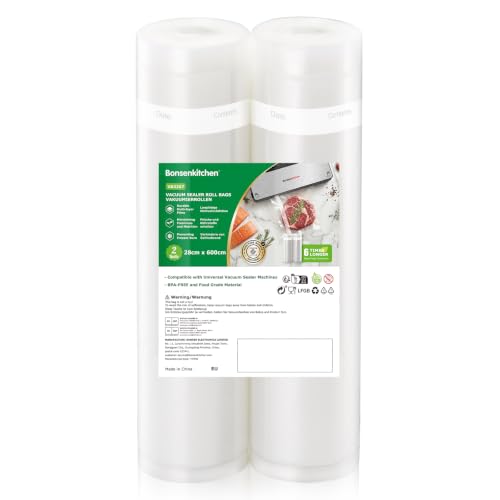 Bonsenkitchen Sacchetti per Sottovuoto, 2 rotoli 28 x 600 cm (totale 12 m) Sacchi commerciali per conservazione alimenti e cottura Sous Vide, VB3207
