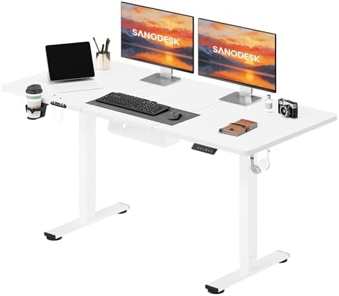 Bild 7 - SANODESK Höhenverstellbarer Schreibtisch 110×54 cm – Kompakter Standing Desk mit praktischem Zubehör, ideal für kleine Räume, leise & sicher mit Anti-Kollisions-Schutz(Weiß)