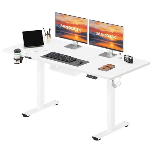 SANODESK Höhenverstellbarer Schreibtisch 140 x 60 cm Schreibtisch Höhenverstellbar Elektrisch Ergonomischer Steh-Sitz Tisch Computertisch für Heimbüro Homeoffice(weiß)