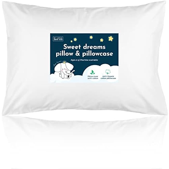 Toddler Pillow with Pillowcase - 13x18 Soft Organic Cotton Toddler Pillow for Sleeping - Washable Nap Pillow - Travel Pillow for Kids - Toddler Sleeping Pillow Toddler Bedding (White)