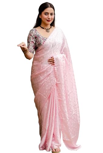 Image of Panzora Women's Soft Crepe Silk Saree With Contrast Blouse Piece.