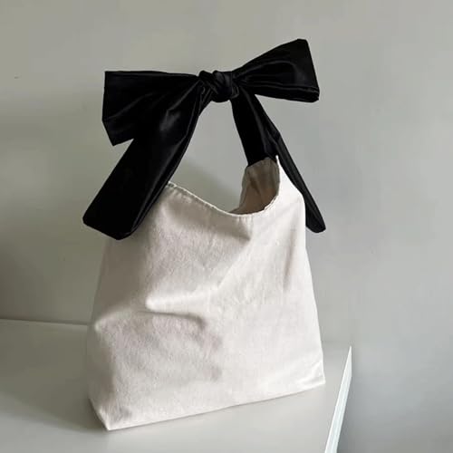 Slouchy Shoulder Bag Bow Canvas Bucket Tote for Women Lightweight Black Knot Purse Large Elegant Old Money Handbag Fall2