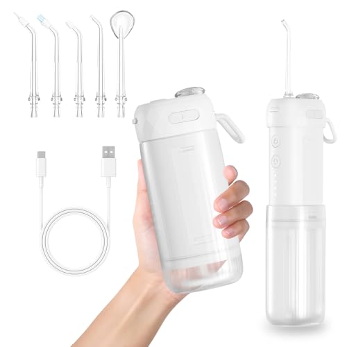 Water Flosser Cordless Oral Irrigator Mini Portable Water Teeth Cleaner Pick, 200ml Telescopic Water Tank IPX7 Waterproof Electric Dental Flossers, 4 Modes 5 Jet Tips for Travel and Home Use