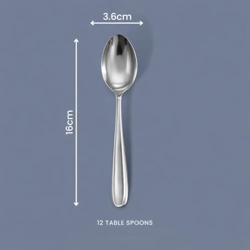 Image of Stainless Steel Table Spoons 16 cm | Mirror Finish | Rust-Resistant | Lightweight Daily Use Dinner Spoons | Dishwasher Safe | Cutlery Set for Home & Kitchen | Catering | Resturants (Set of 24 Spoons)